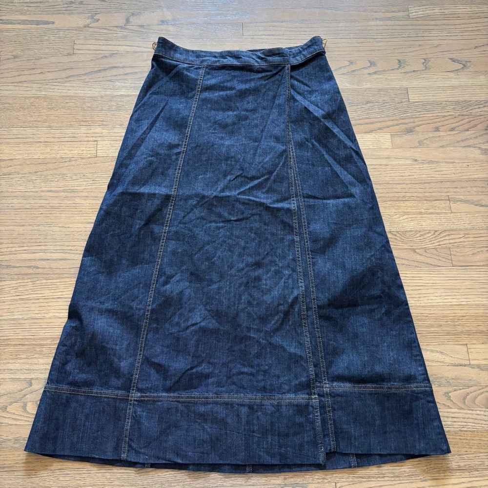 Zara Dark Wash Denim Maxi Skirt A-Line Contrast Stitching Indigo Blue Long Skirt